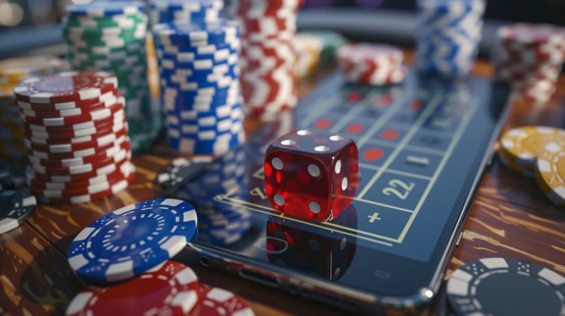 Dealer live casino tersenyum dengan meja judi dan kartu